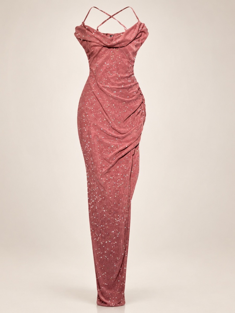 Windsor Glitter Strappy Ruched Sparkle Maxi Slit Dress in Dusty Rose S